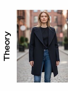Theory Women's Navy Blue Venizka Camden Wool-Blend Twill Coat - Size L‎